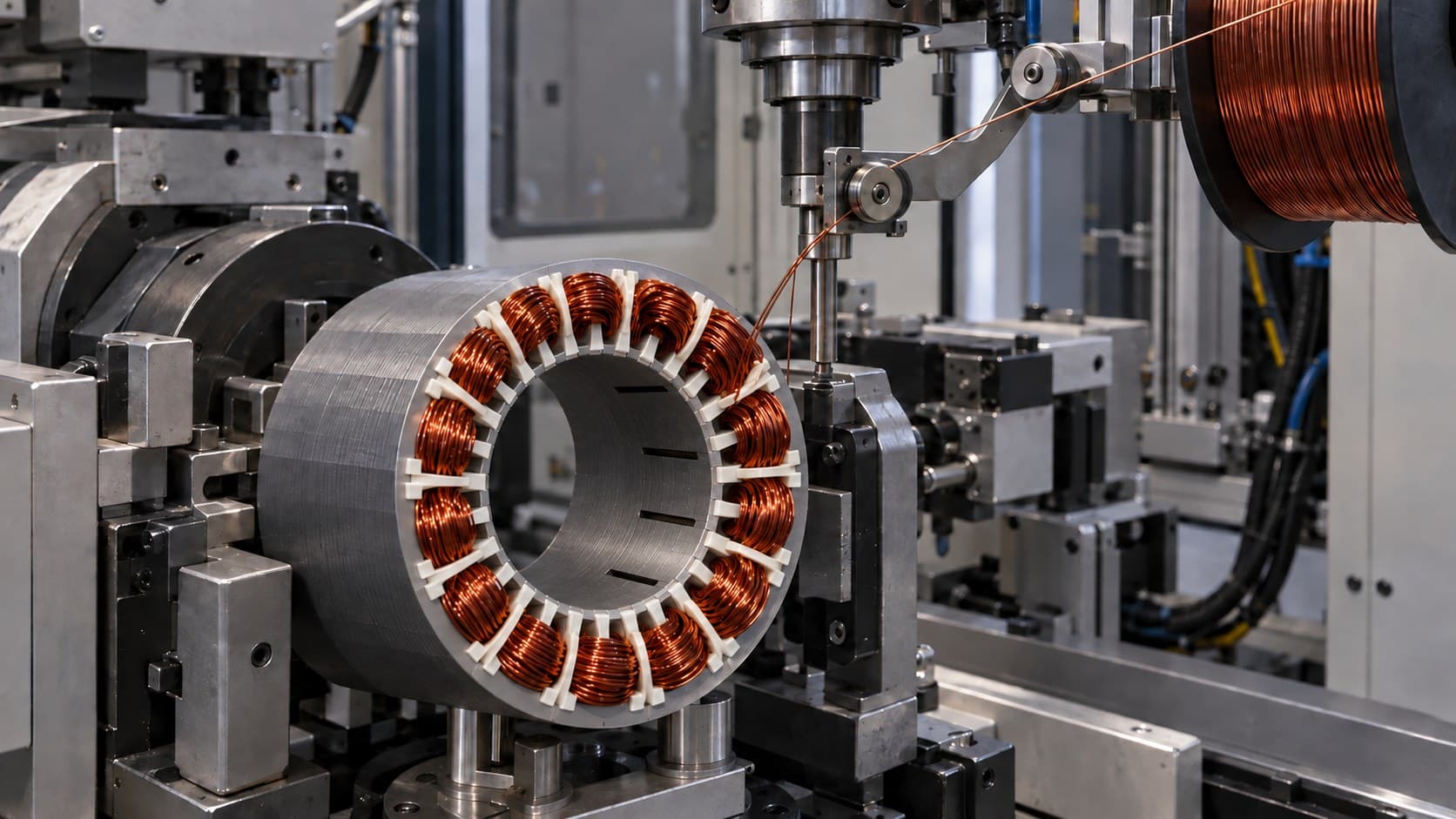 Illustration of automated copper winding equipment around a laminated stator